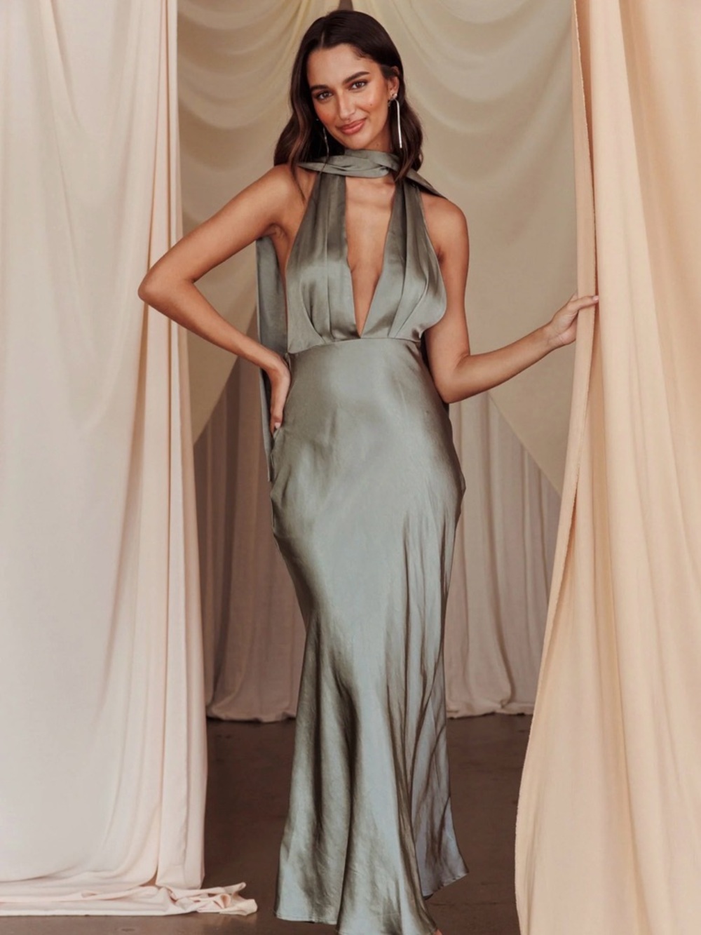 Italia Azure Halterneck Maxi Dress | Khaki